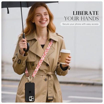 TiMOVO Phone Lanyard Crossbody Wrist Strap, Adjustable Anti-Theft Strap for Smartphone Case - color: Orange +Pink Flowers