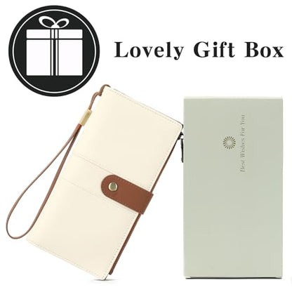 GAEKEAO Wallets for Women Leather RFID Blocking Large Capacity Card Case Ladies Wristlet Clutch Wallets Zipper Pocket with 4 ID Windows 21 Card Slots - color: White-Brown