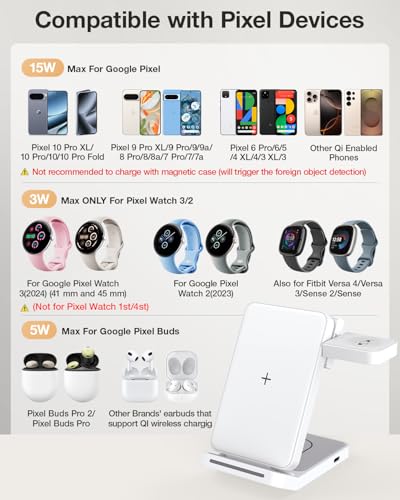 Meifigno 3 in 1 Foldable Wireless Charger for Google Pixel Watch 3/2, White - color: White