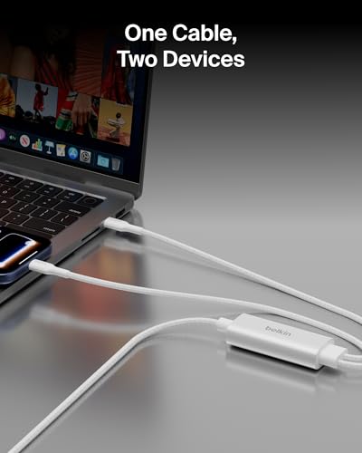 Belkin 2 in 1 USB C to C 140W Braided Cable, 5ft, Dual Charging Cord - color: White