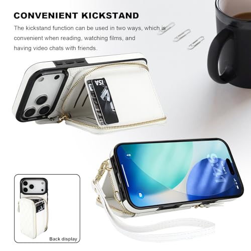 Bocasal Crossbody Wallet Case Card Holder for iPhone 17 Pro Max White | RFID Blocking PU Leather Zipper Handbag Purse, Kickstand Flip Folio Case with Card Slots Holder Wrist Strap Lanyard 6.9 Inch - color: White