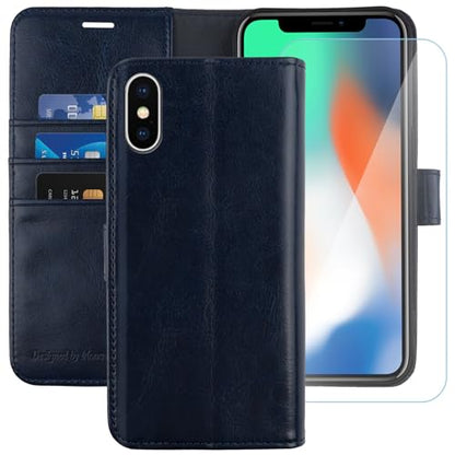 MONASAY Wallet Case for iPhone X/Xs with 3 Card Holders - Blue | Kickstand,RFID Blocking,6.6 feet of shock absorption,PU Leather,Strong Magnetic Closure,Fits 5.8 inch ONLY,screen Protector - color: Blue