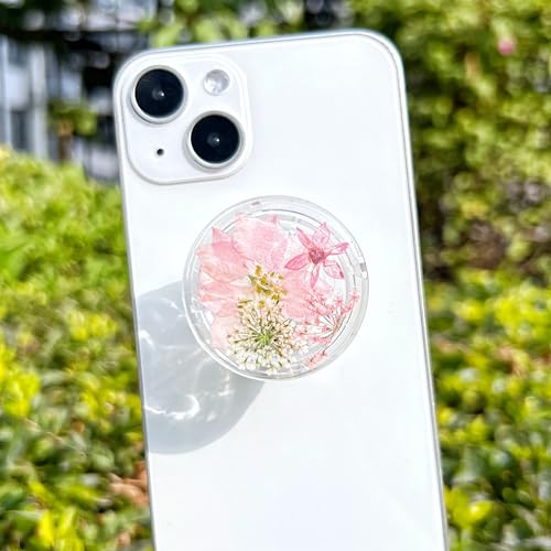 Petite Pressed Pink Flowers Phone Grip,Handmade Dried Flowers Clear Phone Stand, Expanding Cell Phone Charms Accessory, Interchangeable Kickstand, Collapsible Handle Grip Holder for Kindle