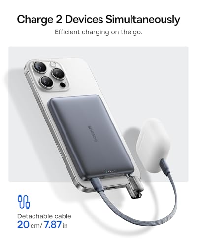 Baseus Picogo Qi2 15W Magsafe Portable Charger, 0.5" Ultra Slim 10000mAh Wireless Power Bank with 27W Built-in USB-C Cable, Magnetic Battery Pack for iPhone 17 Pro Max/17 Pro/Air/16/15/14/13/12 | 10000mAh Wireless Power Bank, 27W Fast Charging Magnetic Ba
