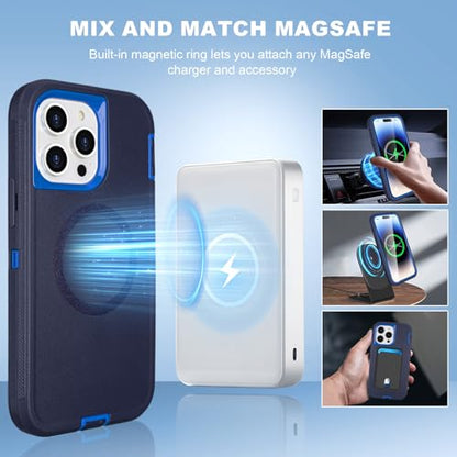 Magnetic for iPhone 14 Pro Max Case with Belt Clip and Kickstand | Military Grade Drop Protection Case for iPhone 14 Pro Max, with 360°Rotating Kickstand, Navy Blue 6.7" - color: Navy+Blue