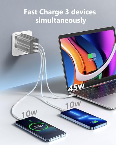 65W GaN Fast Charger, 3-Port USB C Power Adapter with 6ft USB C Cable - color: Gray