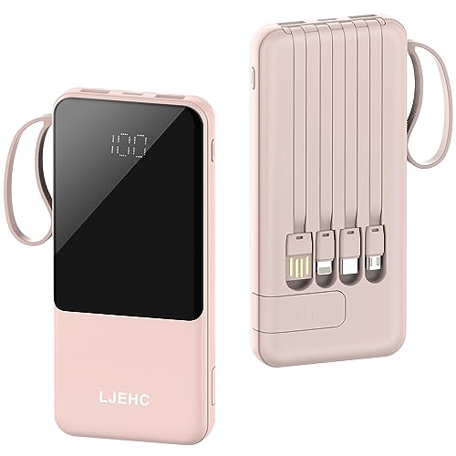 Portable Charger with Built in Cables,10000mAh Slim USB C Power Bank,Pink - color: Pink