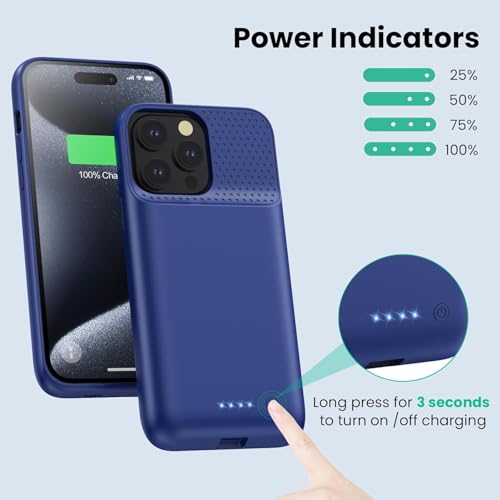 Battery Case for iPhone 15Pro Max, Upgrade 8600mah Portable Slim Battery Charging Case, 15W Fast Charging Rechargeable Protective Extended Charger Cover for iPhone 15 Pro Max (6.7 inch)-Blue - color: Blue