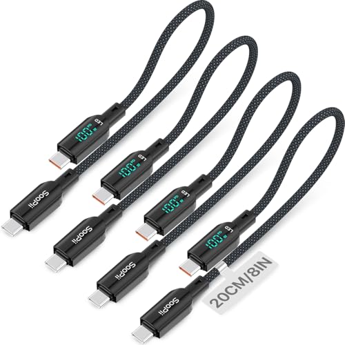 SOOPII 4-Pack 100W Short USB C to USB C Cable with LED Display, 0.7Ft PD Fast Charging Nylon Braided Cord, Compatible with Phone,Tablet,Laptop,Ideal for Charging Station and Power Bank(Black) - size: 4P(100W+LED)