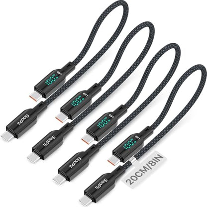 SOOPII 4-Pack 100W Short USB C to USB C Cable with LED Display, 0.7Ft PD Fast Charging Nylon Braided Cord, Compatible with Phone,Tablet,Laptop,Ideal for Charging Station and Power Bank(Black) - size: 4P(100W+LED)