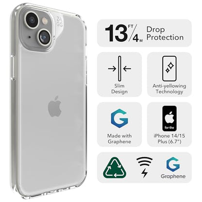ZAGG Crystal Palace iPhone 15 Plus/ 14 Plus Phone Case - Drop Protection (13ft/4m), Anti-Yellowing & Scratch-Resistant iPhone Case, Wireless Charging Compatibility, Clear - size: iPhone 15 Plus/14 Plus, style: Without Magsafe