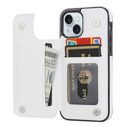 Wallet Case Compatible with iPhone 15,Slim Protective case with Card Holder,Premium PU Leather Kickstand Card Slots Case with 1 Screen Protective Glass for iPhone 15 (6.1")-White - color: White