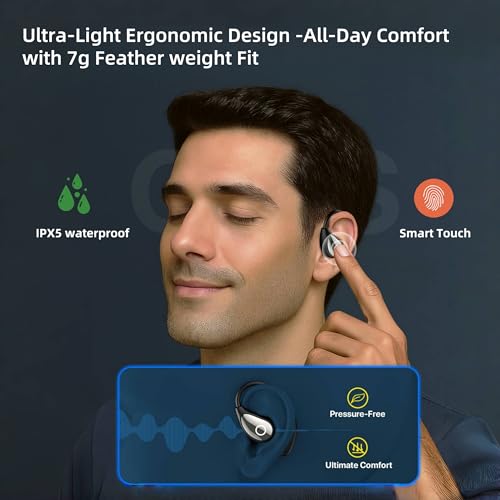 Wireless Earbuds with Touch Screen Charging Case, Open Ear Headphones,Sport Earbuds Bluetooth 5.4, 16mm Diaphragm Hi-Fi Stereo Sound,IPX6 Waterproof Over Ear Ear Buds with EQ/Remote Photo/Alarm,Black