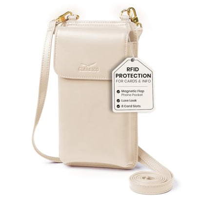 Crossbody Phone Purse for Women – RFID Phone Case Wallet w/Magnetic Closure & Separate Zipper Pocket Crossbody Bag - color: Ivory