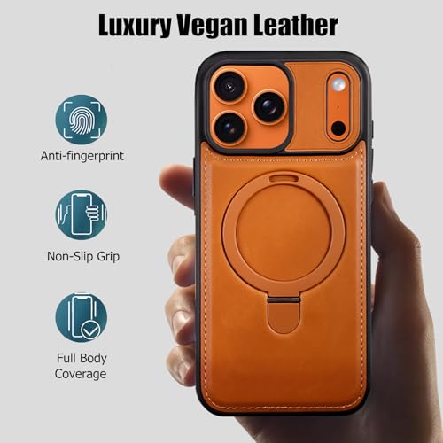 for iPhone 17 Pro Max Leather Case with Magnetic Ring Holder,[Compatible with Wireless Charging] Luxury Slim Shockproof Non-Slip Protective Kickstand Cover for iPhone 17 Pro Max (Brown) - color: Brown