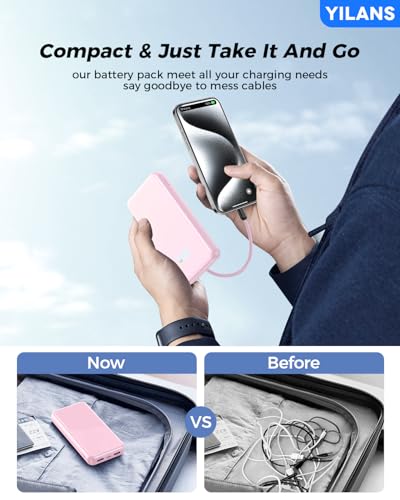 Portable Charger,50000mAh Power Bank Built-in Cable, 22.5W PD USB C In & Out Fast Charging, External Battery Pack with 6 Output & 2 Input, Travel Phone Charger for iPhone 17/16/15/14/13/12(Rosy) - color: Rosy