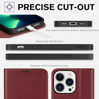 TUCCH Case Wallet for iPhone 13 Pro (6.1"), RFID Blocking Folio, Dark Red | 3 Card Holders, Kickstand, PU Leather, Magnetic Closure, Shockproof TPU Shell, Protective Flip Cover - color: Dark Red