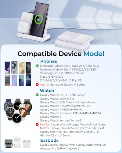3 in 1 Wireless Charger Station for Galaxy S26 Ultra S25 S24, Foldable - color: Samsung White