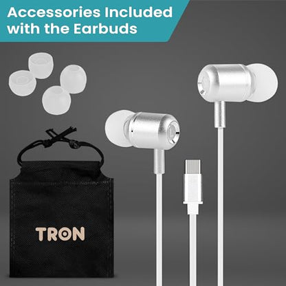 TRON Wired Headphone with Aux & Type-C & L Connector, Microphone, Noise-Isolating, (Earbuds with USB-C and Mic- Carrying case Included TR72) - style: Earbuds with USB-C and Mic- carrying case included TR72