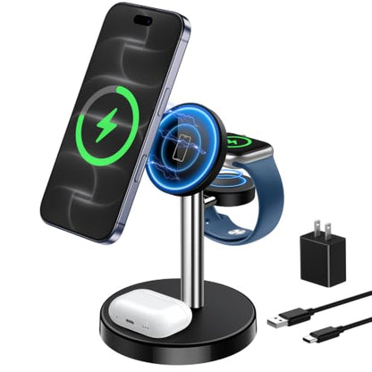 Aeinidi 3 in 1 Fast Wireless Charging Station for Apple MagSafe Charger - color: Silver Black, size: 15W