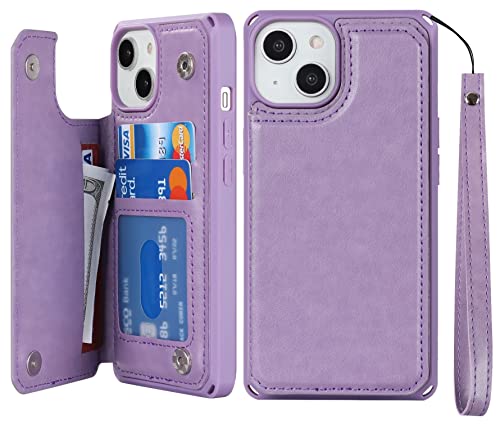 iCoverCase Compatible with iPhone 14 Wallet Phone Case with Card Holder for Women, RFID Blocking Embossed PU Leather Wrist Strap Case 6.1 Inch (Macaron Purple) - color: P-Purple