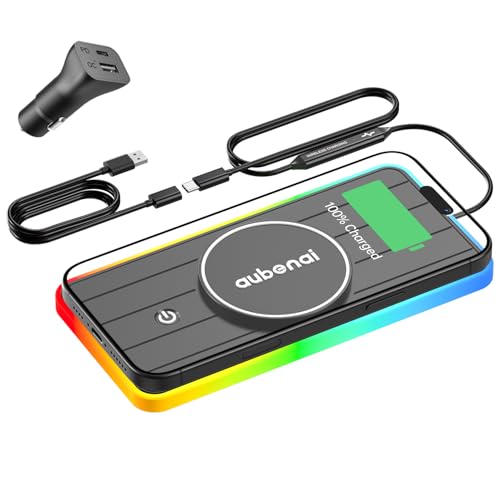 Magnetic Wireless Car Charger Pad, Aubenai 15W RGB Fast Wireless Charging Pad Non Slip Charging Mat with 70cm Extension Cable Compatible with Magsafe Charger iPhone 16 15 14 13 12 (Extension USB-A) - color: Black-Extension USB-A