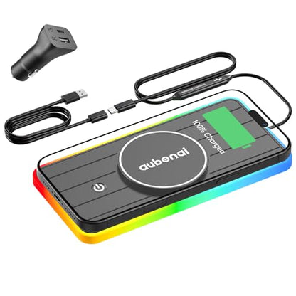 Magnetic Wireless Car Charger Pad, Aubenai 15W RGB Fast Wireless Charging Pad Non Slip Charging Mat with 70cm Extension Cable Compatible with Magsafe Charger iPhone 16 15 14 13 12 (Extension USB-A) - color: Black-Extension USB-A