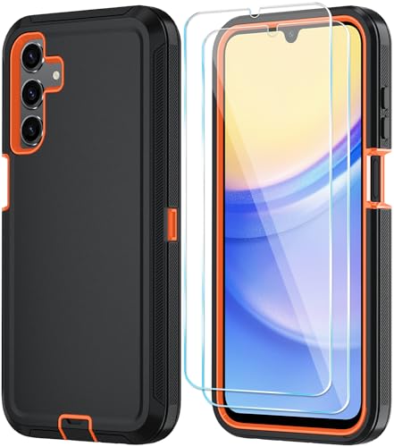 Qinmay Phone Case for Samsung Galaxy A15 5G Case with HD Screen Protector, Heavy Duty Shockproof & Dropproof 3-Layer Cover Phone Case for Galaxy A15,BlackOrange - color: BlackOrange, size: for Galaxy A15