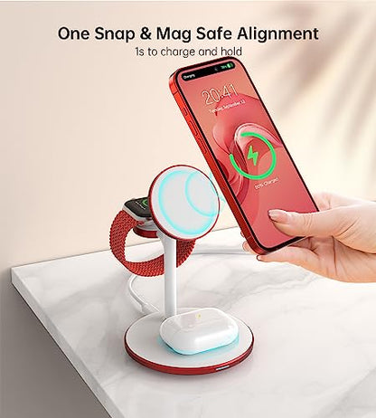 3 in 1 Magnetic Wireless Charging Station for Apple Devices,15W for Magsafe - color: Red