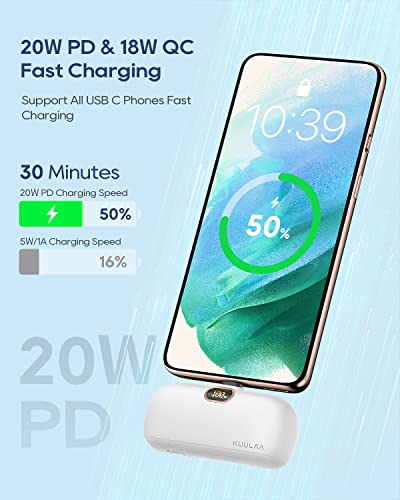 Kuulaa Portable Phone Charger with Built-in USB-C Plug, 5000mAh Mini Portable Charger Power Bank Small Battery Pack for iPhone air/15/16,Samsung S22/S23 & Android - color: White