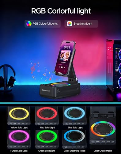 Gifts for Him Dad Men Mother's&Father's Day, Birthday Ideas for Men Women, Cell Phone Stand with Wireless Bluetooth Speaker with Wireless Induction Audio & Colorful Led Light - color: Black