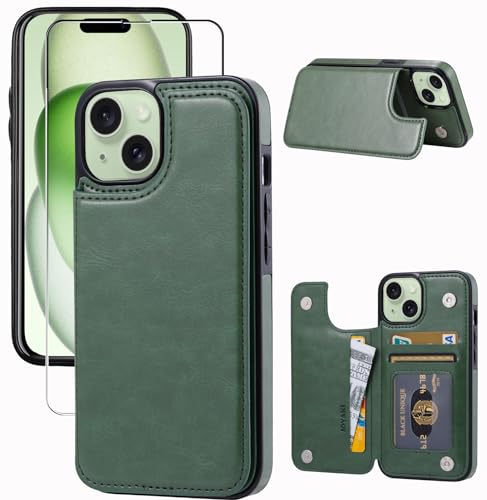 Wallet Case Compatible with iPhone 15,Slim Protective case with Card Holder,Premium PU Leather Kickstand Card Slots Case with 1 Screen Protective Glass-Grass Green - color: Grass Green
