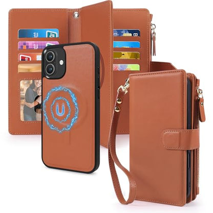Magnetic Case for iPhone 16 Plus Wallet Compatible with Magsafe RFID Blocking Card Holder Detachable Phone Cover Kickstand Snap Strap Zipper Pocket PU Leather 6.7 inch 2024 (Brown) - color: Brown, size: iPhone 16 Plus