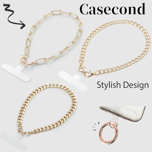 3 pcs Phone Charm with Gold Metal Chain Detachable Lanyard Hand Wrist Smartphone Strap Finger Grip Strap with 4 Patches Tether CellPhone Stand Holder Universal for iPhone 17 16 Pro Max Charms - color: Sets Gold