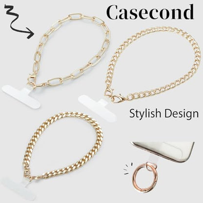 3 pcs Phone Charm with Gold Metal Chain Detachable Lanyard Hand Wrist Smartphone Strap Finger Grip Strap with 4 Patches Tether CellPhone Stand Holder Universal for iPhone 17 16 Pro Max Charms - color: Sets Gold