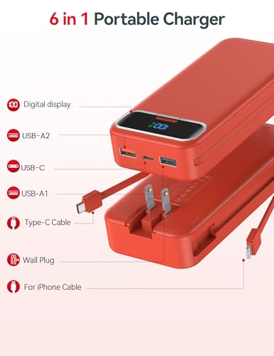 aonidi Portable Charger 20000mAh with Built-in Cables&AC Wall Plug, Red - color: Crimson