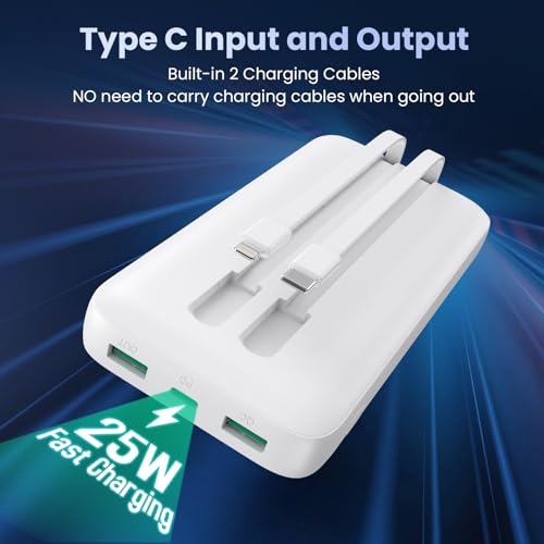 Portable Charger PowerBank 40,800mAh with 2 Built-in Cables,25W PD Fast Charging +QC 4.0 Quick Phone Charging Power Bank, 5 Outputs LCD Display USB C Battery Pack for iPhone 16/15 Android Galaxy etc - color: White