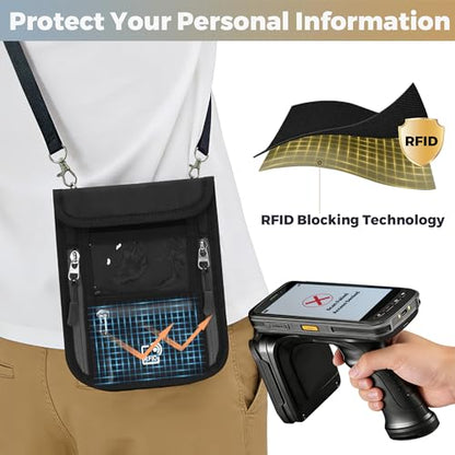Passport Holder for Travel with Phone Clip, RFID Blocking Neck Wallet, Secure Neck Pouch with Zipper Compartments and ID Window for Men and Women (Black)