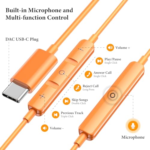 APETOO USB C Headphones for iPhone 18 Pro Max 17 16 15/iPad Air Earbuds - color: Orange