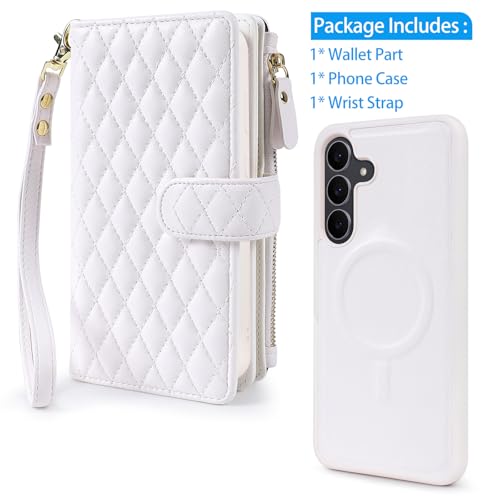 Harryshell Detachable Wallet Case for Samsung Galaxy S25 FE Compatible with Magsafe RFID Blocking Card Slots Removable Phone Cover Zipper Purse Kickstand Wrist Strap for Men Women Quilted White - color: Quilted White