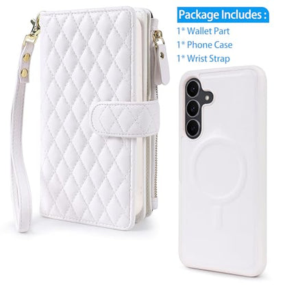 Harryshell Detachable Wallet Case for Samsung Galaxy S25 FE Compatible with Magsafe RFID Blocking Card Slots Removable Phone Cover Zipper Purse Kickstand Wrist Strap for Men Women Quilted White - color: Quilted White