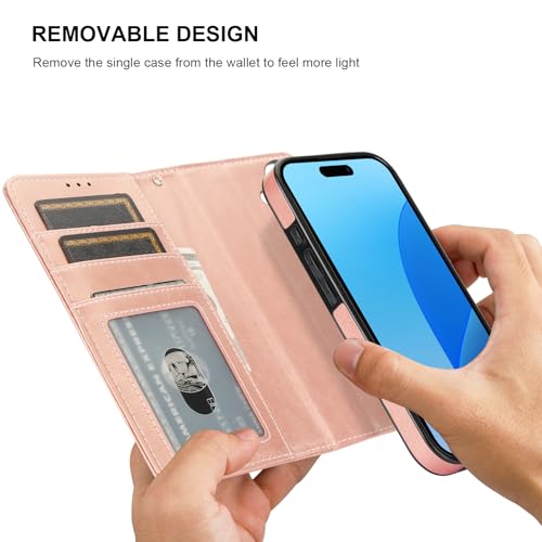 Bocasal Detachable Wallet Case Card Holder for iPhone 16, Rose Gold | RFID Blocking Kickstand Card Slots Holder PU Leather Magnetic Shockproof Wrist Strap Removable Flip Protective Cover 6.1 inch - color: Rose Gold