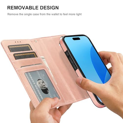 Bocasal Detachable Wallet Case Card Holder for iPhone 16, Rose Gold | RFID Blocking Kickstand Card Slots Holder PU Leather Magnetic Shockproof Wrist Strap Removable Flip Protective Cover 6.1 inch - color: Rose Gold