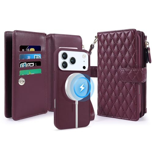 for iPhone 17 Pro Case Wallet,Compatible with MagSafe 2 in 1 Magnetic Detachable PU Leather RFID Blocking Wallet Cover Card Holder Zipper Wrist Strap Lanyard,Quilted Wine Red - color: Quilted Wine Red, size: iPhone 17 Pro