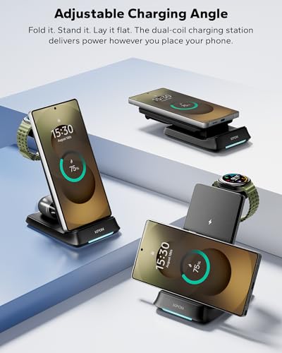 KPON 3 in 1 Charging Station for Samsung, Wireless Charger for Thick Cases, Foldable Phone and Watch Charger Stand for Galaxy S26/S25/S25 Ultra/S24/Android Devices, Galaxy Watch Not for watch9/ultra2