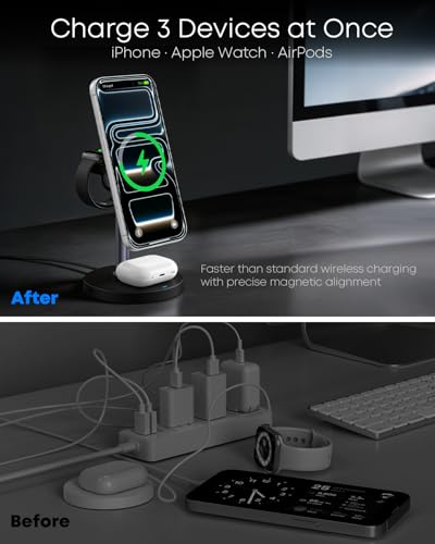 3 in 1 Magnetic Wireless Charging Station, 15W Charger for iPhone, Black - color: Black