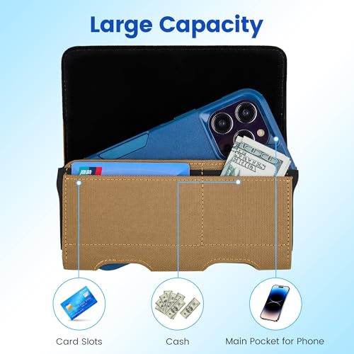 Mopaclle Nylon Phone Holster with Heavy Duty Metal Belt Clip and Card Holder, Compatible with iPhone 17/16/15/14/13/12 Pro and Samsung Galaxy S26/S25/S24/S23/S22/S21/S20 - Khaki - color: Nylon-khaki, size: M(6.0x3.2x0.6)