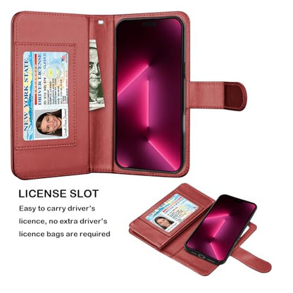NJJEX Compatible with iPhone 16 Wallet Case, 9 Card Slots, Wine Red | PU leather folio flip, detachable magnetic phone cover, integrated kickstand, included lanyard - color: Wine Red, size: iPhone 16