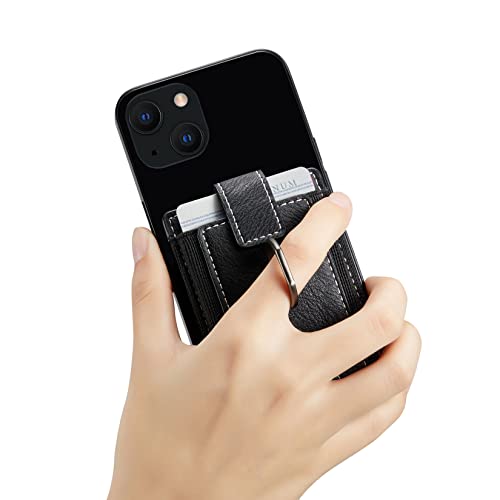 2Pcs RFID Leather Card Holder for Phone, Stick-On Wallet with Ring | Phone Wallet Stick On Back Of Phone Case. Adhesive For iPhone Wallet Holds Credit Cards/ID/Pockets. Viewing Freely Ring Stand - color: Black+Black