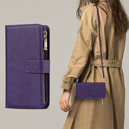 iCoverCase for Samsung Galaxy S23 Ultra Wallet Case with Card Holder, Kickstand Feature PU Leather Case with Adjustable Crossbody Lanyard Magnetic Clasp Zipper Pocket Flip Cover (Purple) - color: Purple, size: Galaxy S23 Ultra